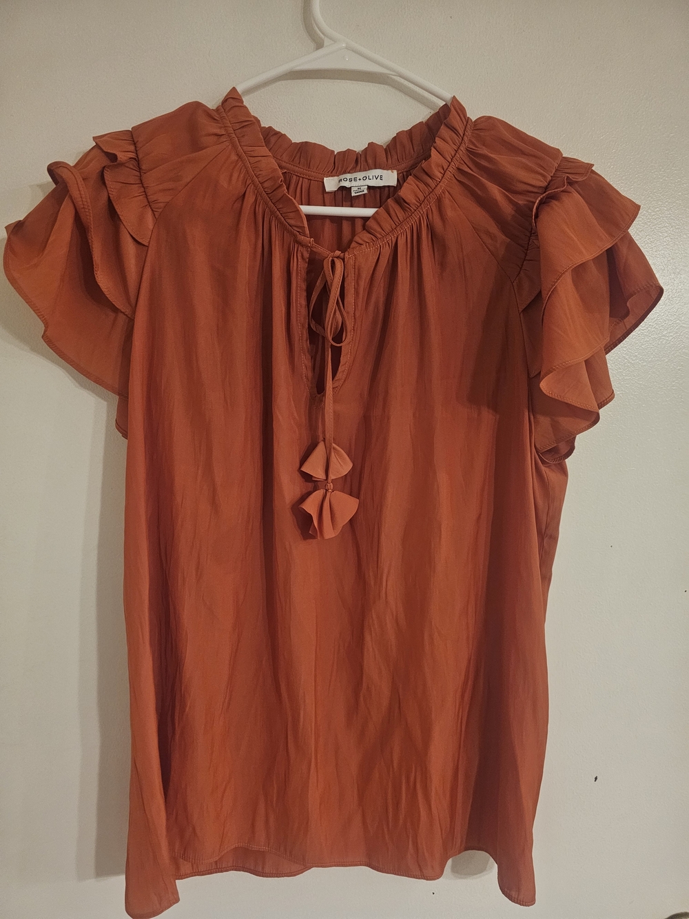 Rose & Olive Rust Orange Ruffle Sleeve Tie-Front Blouse